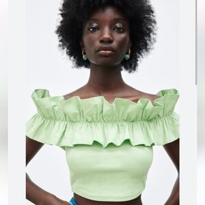 Zara combination ruffle top pastel green Medium T9